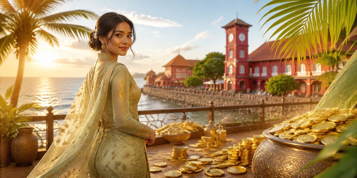 Suasana kasino Baccarat Hari Raya bergaya Melayu di Melaka dengan pemain berpakaian tradisional